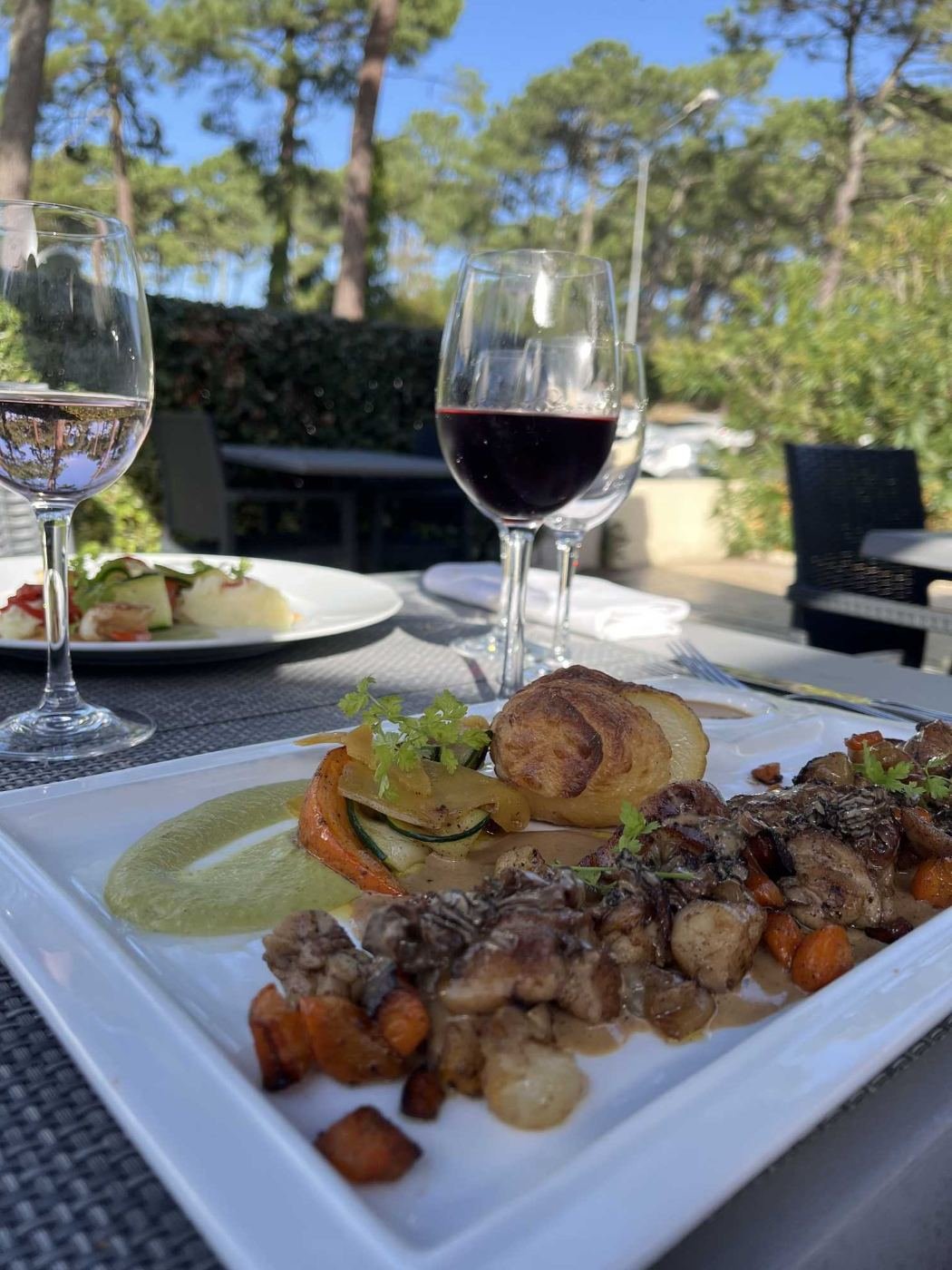 Table dressée sur la terrasse, deux verres de vin rouge, les pins en arrière-plan